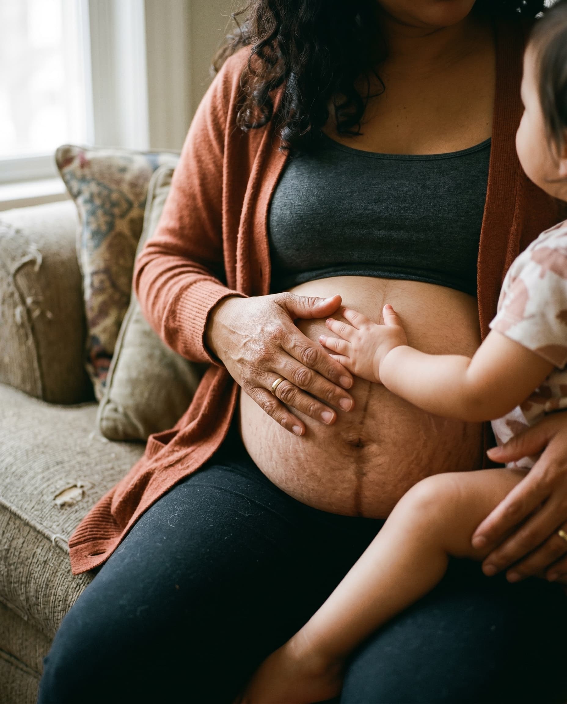 Mujer postparto con marcas visibles en el abdomen mientras su hija le toca la panza