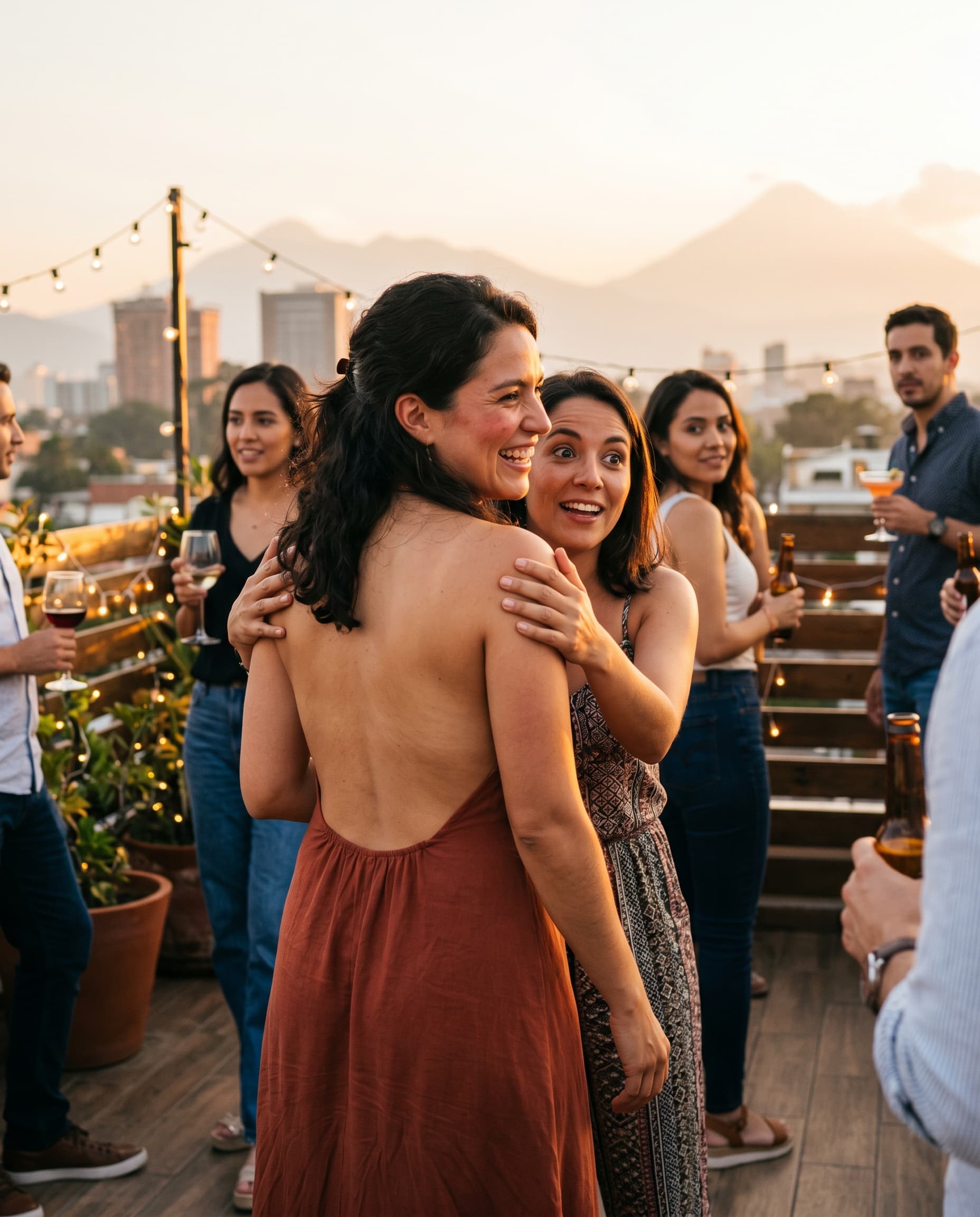 Mujer en vestido de espalda descubierta en fiesta de terrace, confiada y libre