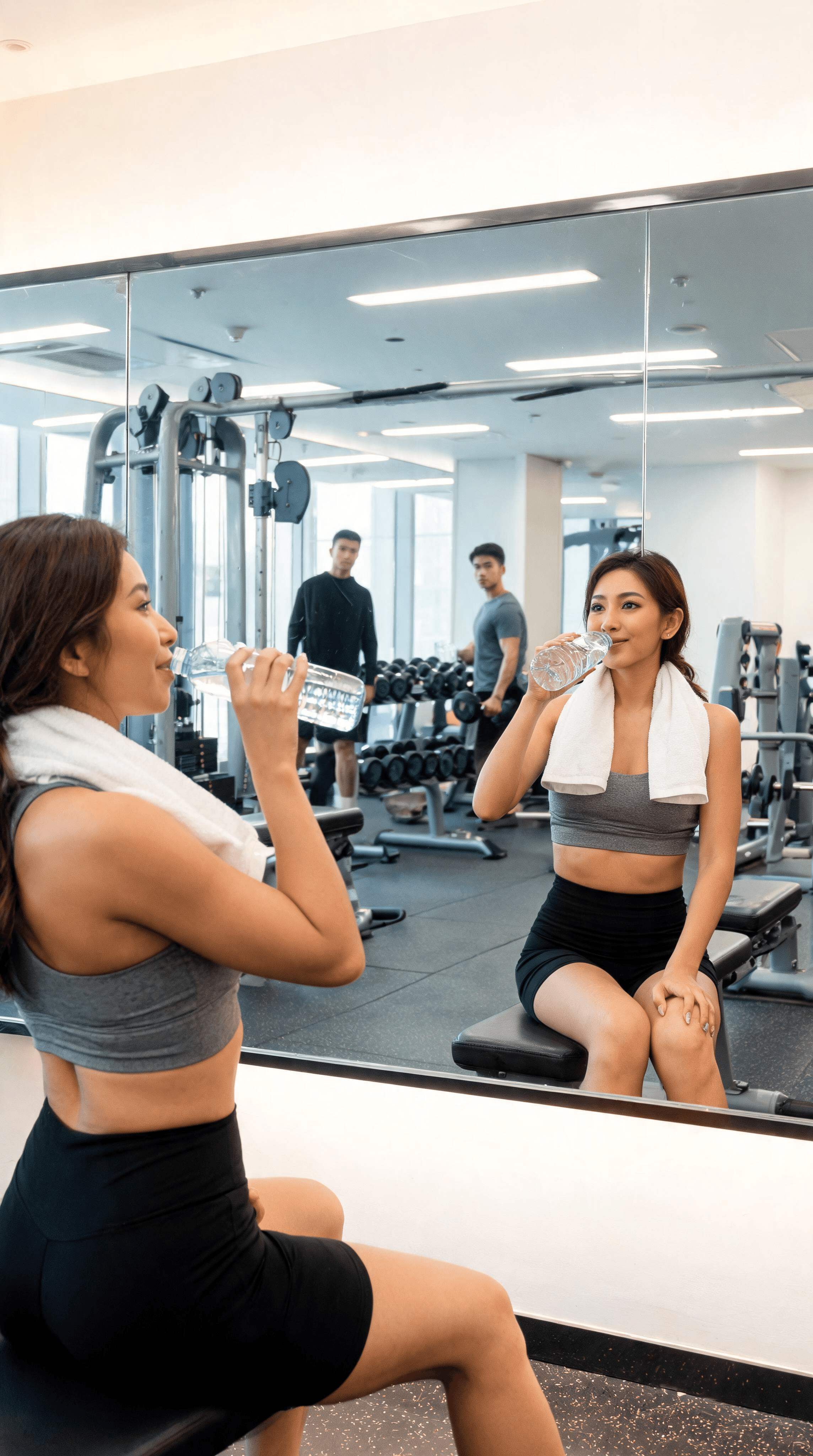 Mujer en el gym siendo admirada en el espejo mientras se hidrata con confianza