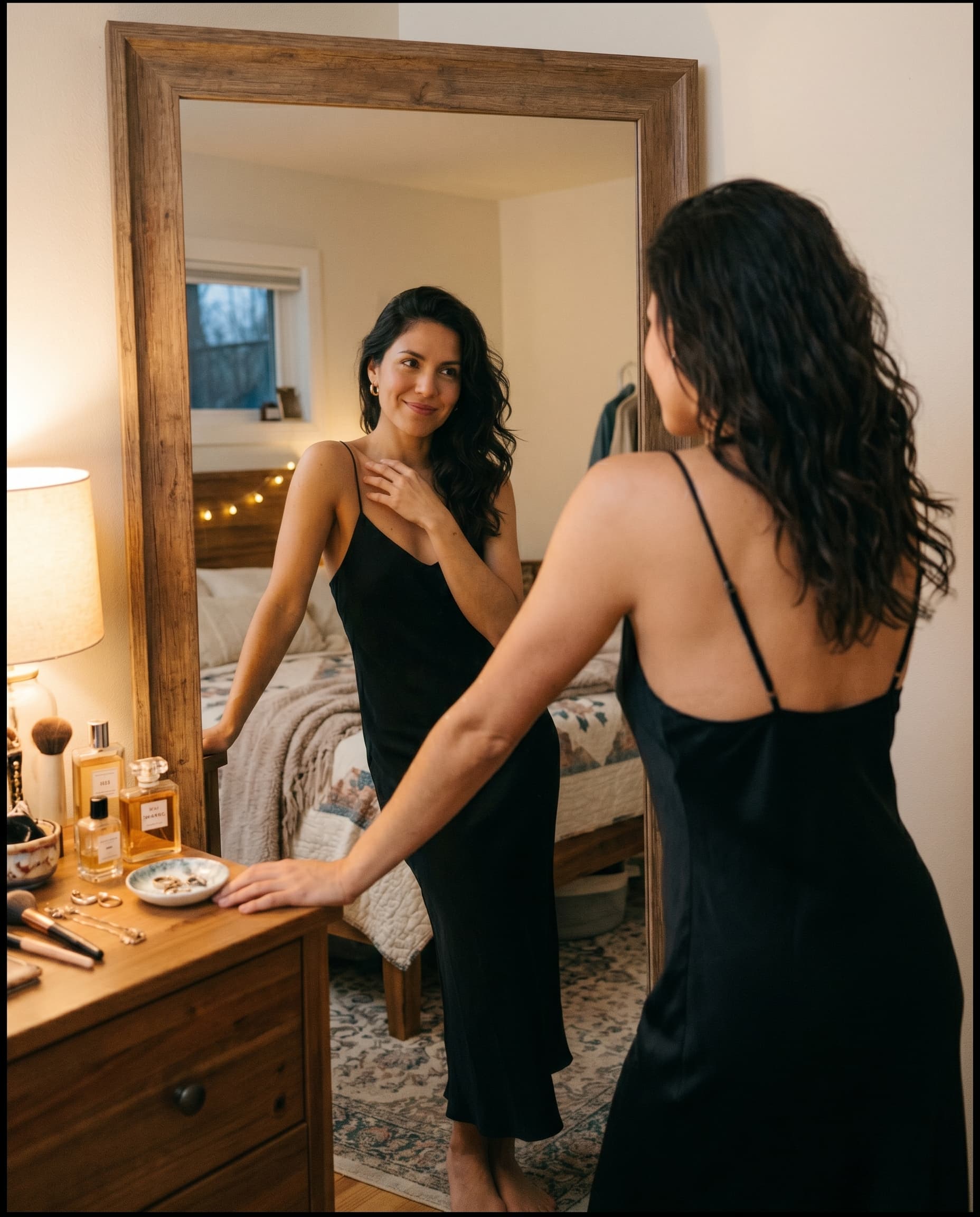 Mujer en vestido negro frente al espejo mirándose con satisfacción