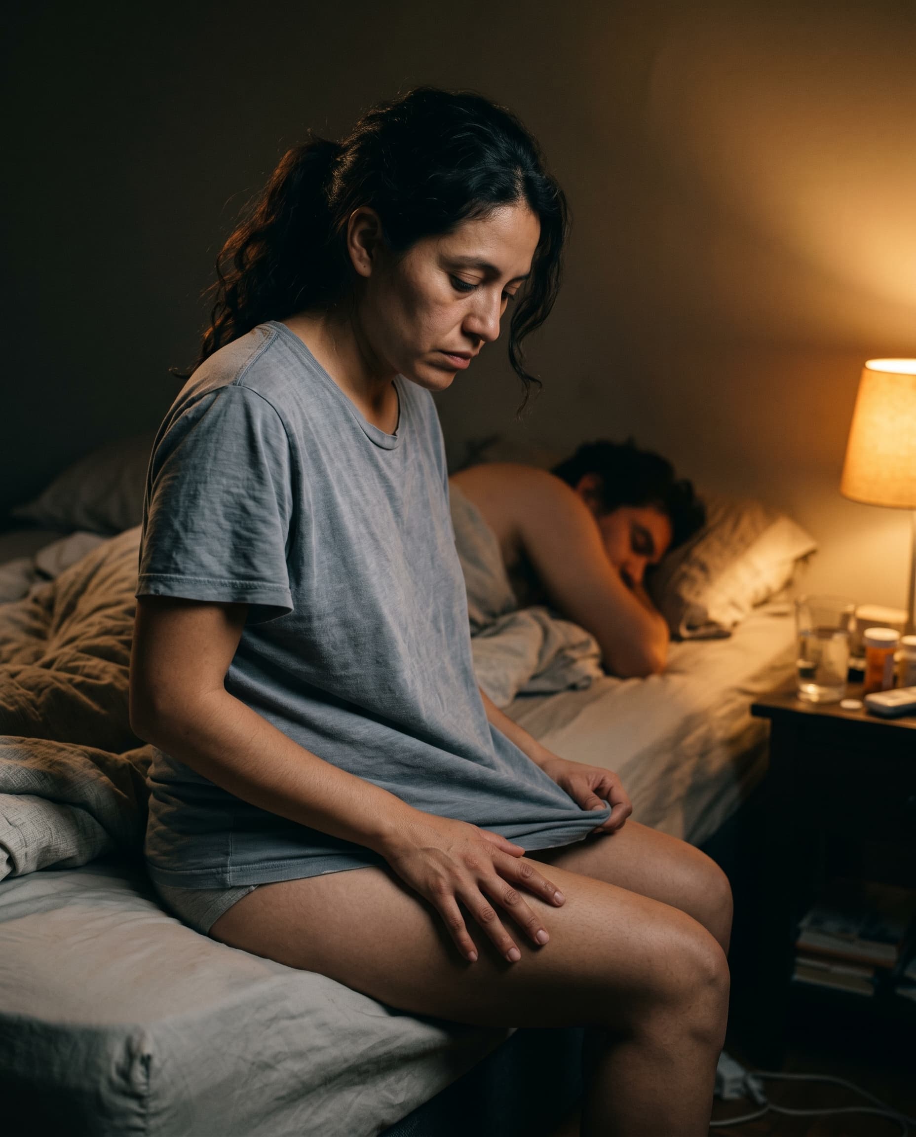 Mujer dándole la espalda a su pareja en la cama por vergüenza de su cuerpo